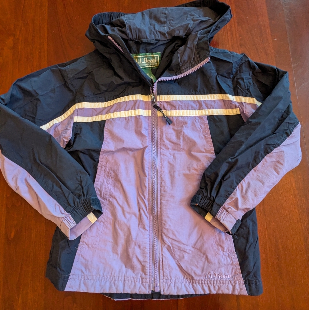 L.L. Bean girls windbreaker shell jacket, size 8 (small), navy and light purple